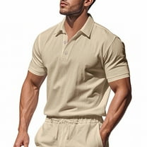 Jjayotai Mens George Polo Shirts, Men's Faux Linen Solid Color Short Sleeve Lapel Button Down Pullover T-Shirt Tops, Golf Tees