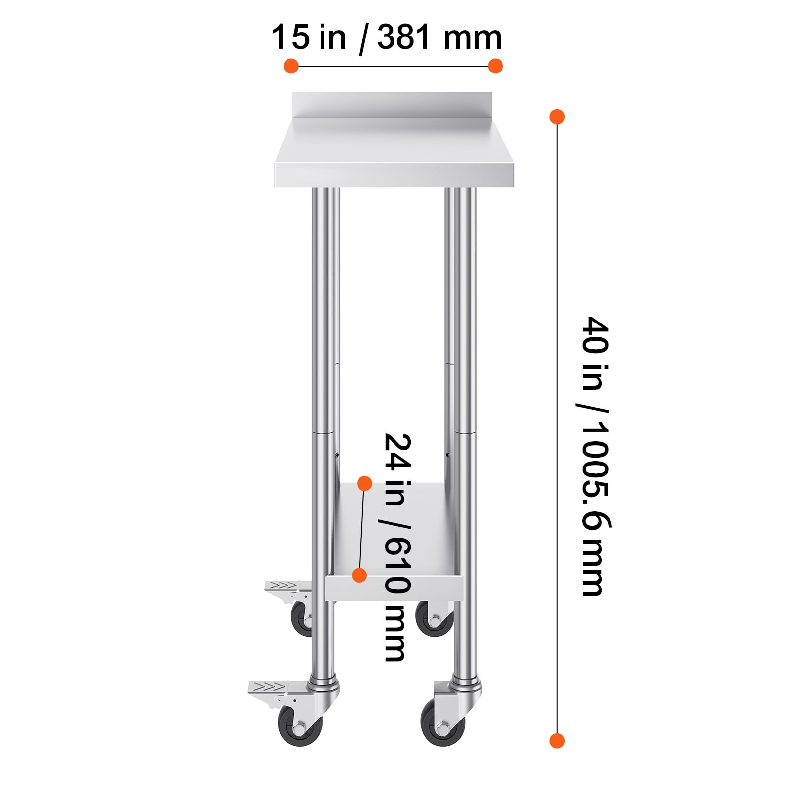 KFFKFF 24x15x40 In Stainless Steel Table, Mobile Food Preparation Surface with Wheels, Durable Metal Workstation, Height-Adjustable for Restaurants, Homes, and Hotels