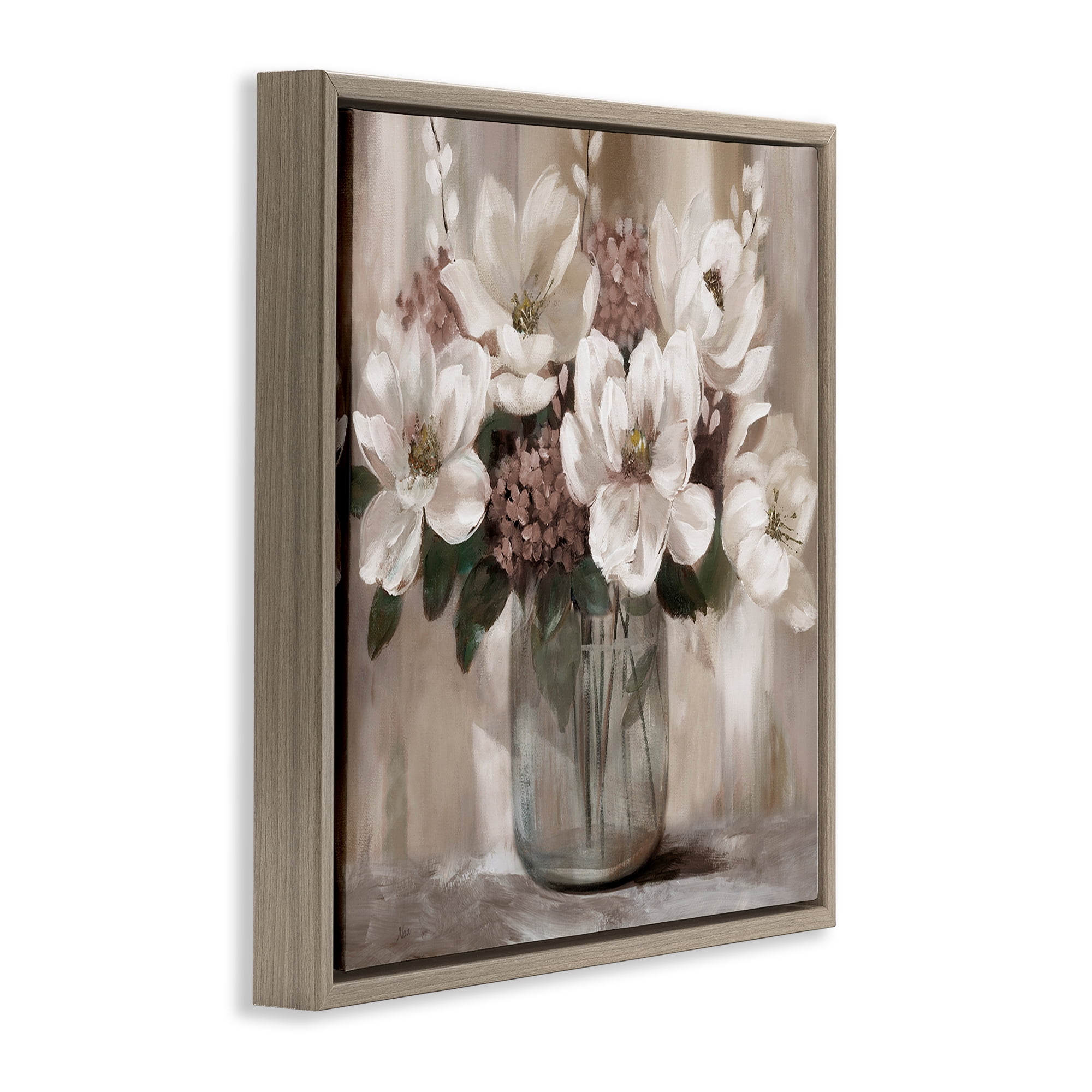 Stupell Industries Ivory Magnolias Vase Brown Framed Floater Canvas Wall Art, design by Nan