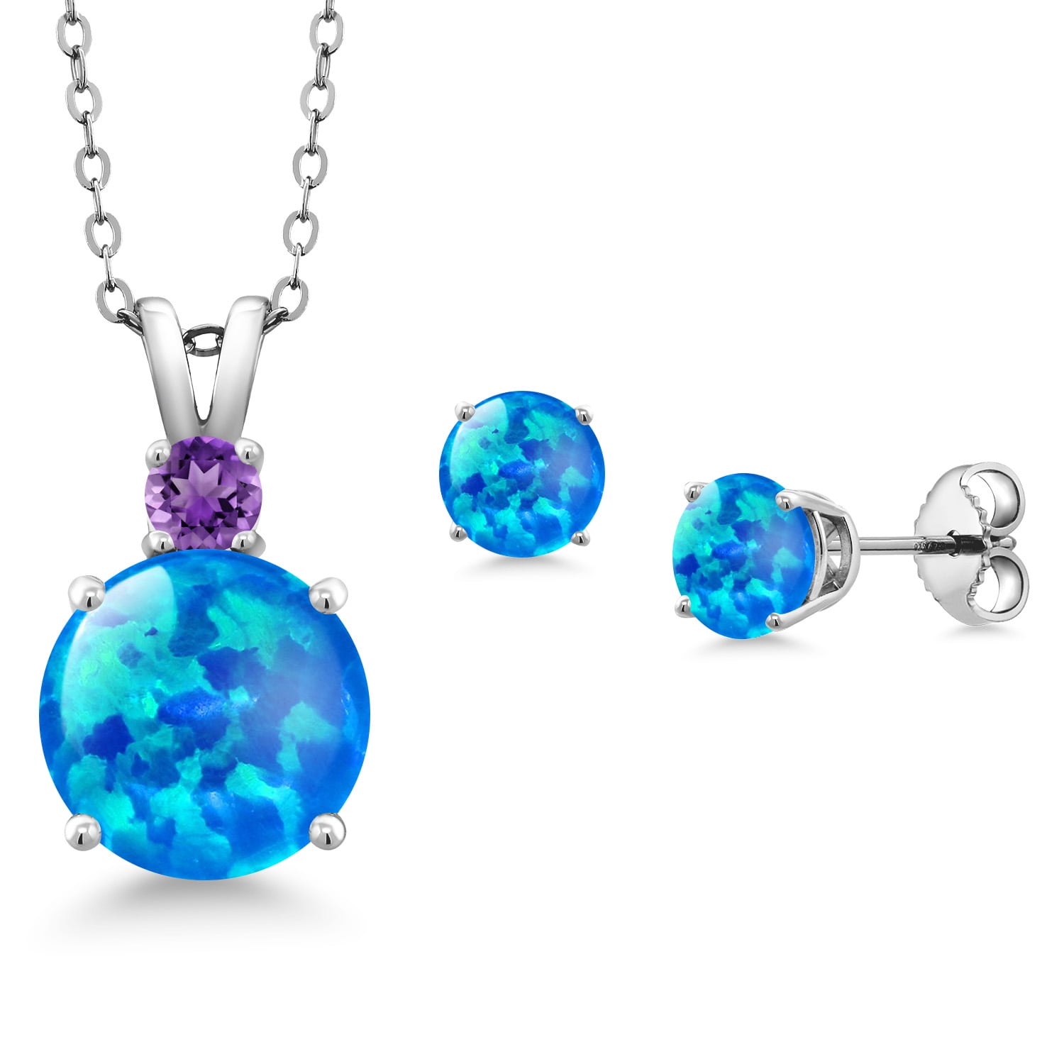 Gem Stone King 925 Sterling Silver Round Cabochon Blue Simulated Opal and Purple Amethyst Pendant and Earrings Jewelry Set for Women (2.10 Cttw, Gemstone Birthstone, with 18 inch Chain)