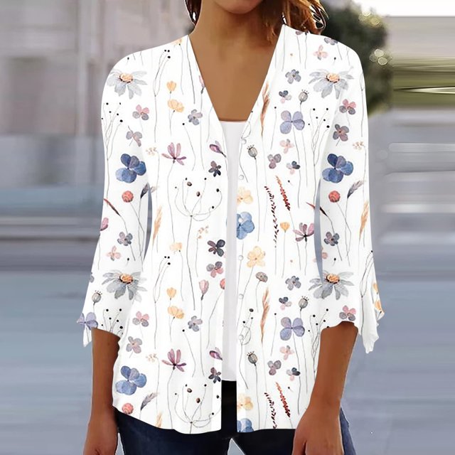 EGNMCR Cardigan Mode pour Femmes à Manches Trois Quarts, Cardigan à Boutons Imprimé à Manches 4/3, Veste pour Femmes, Manteau