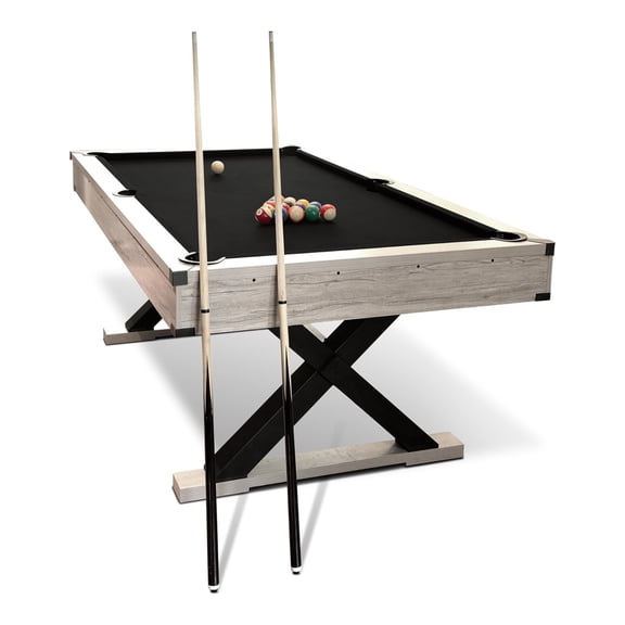 7 FT Pool Table, Billiard Table with 2 Cue Sticks, Billiard Balls, Cues, Cleaning Brush, X-Legs, Black Cloth, Rustic Grey, 84" L x 46.5" W x 32.7" H