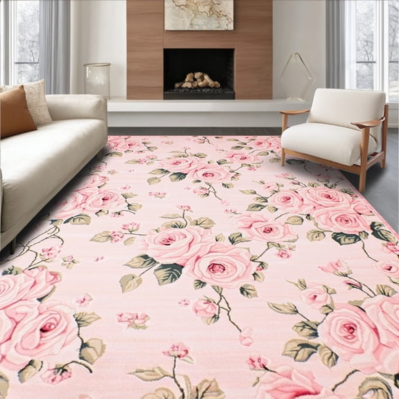 ODIKA 4' x 6' Machine Washable Non-Slip Area Rug, Floral rose High Traffic Rug, Pink, 221592