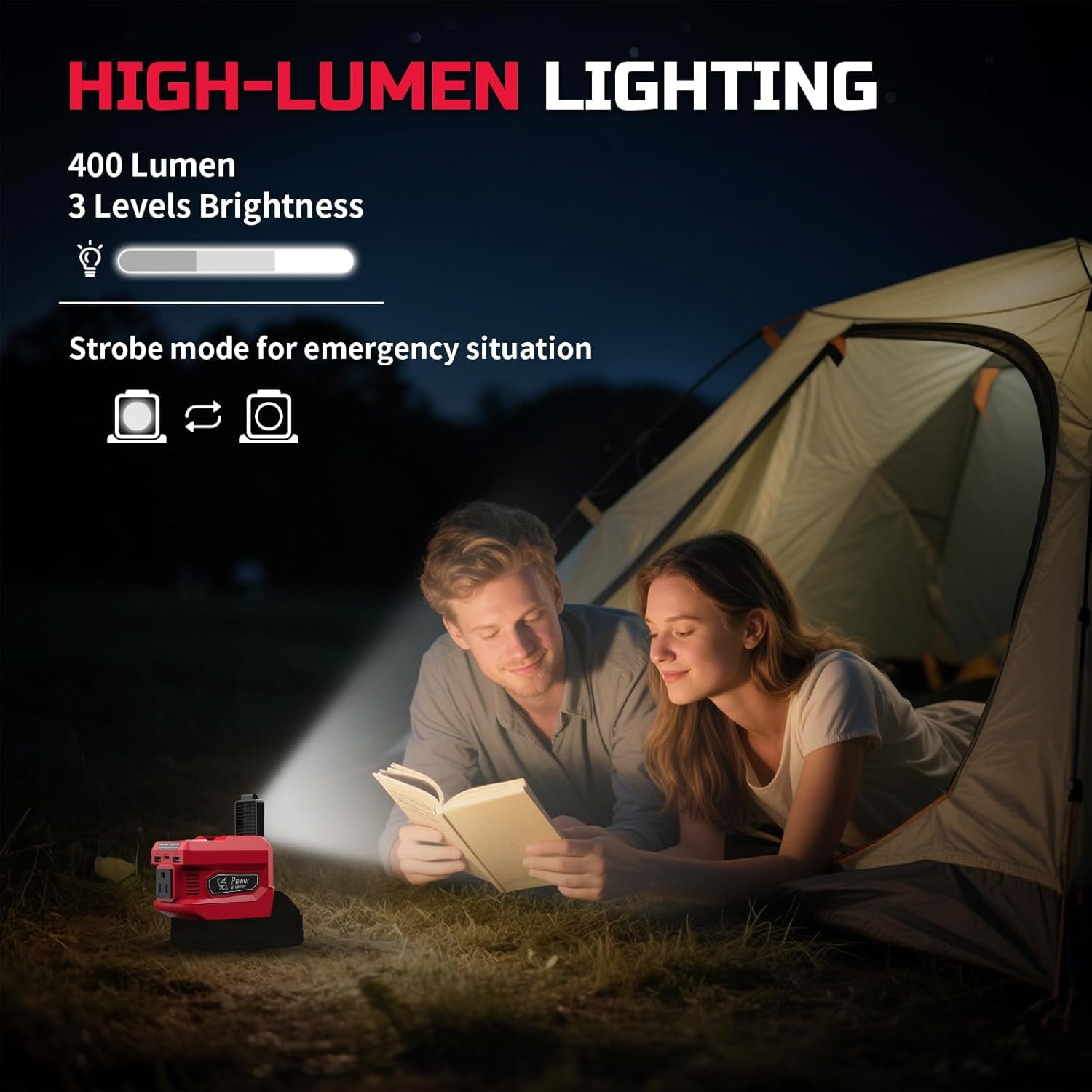 Kzreect 220W Power Inverter Compatible with  Milwaukee  18V Battery, 110V 220W Output, 2 USB-A & 400 LM LED for Car, Camping & Emergency Use