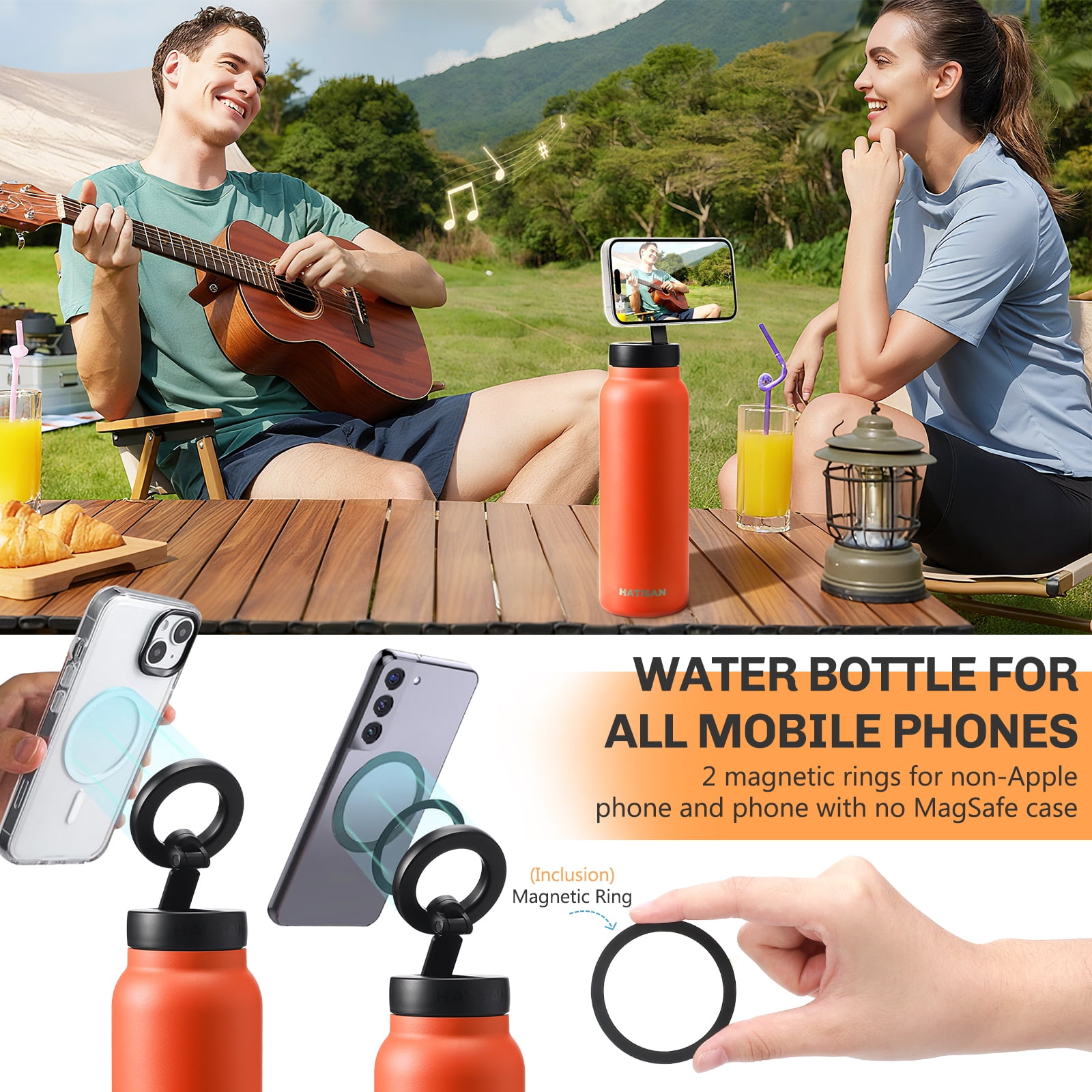 Hatisan 24 oz Insulated Water Bottle, Magnetic Stainless Steel Water Bottle, with Mobile Phone Holder Tripod, Hot for 12H, Cold for 24H(Orange)