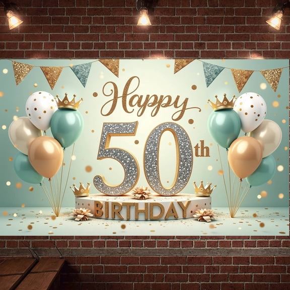 Golden Glitter 50th Birthday Banner Silver Sequins Display Crown Design Teal Balloons 50th Celebration Backdrop for 50th Birthday Party Adult Celebration Indoor Decoration