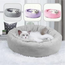 14in Round Cat Bed with Pillow – Washable Soft Plush Calming Pet Bed for Indoor Kittens Puppy ,Gray