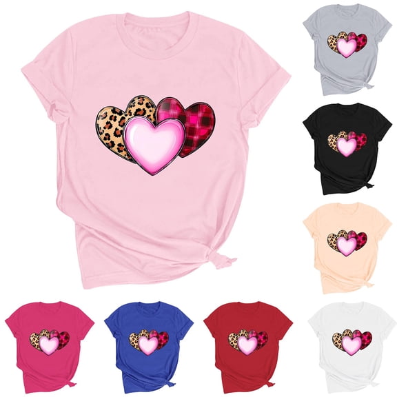 FRSASU Valentines Shirts Women Love Heart Graphic Tees Cute Print Short Sleeve Round Neck Tops Shirts Valentines Gift White