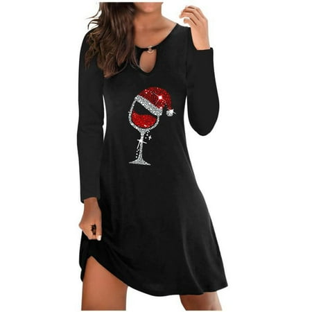 

Simplmasygenix Christmas Women Vintage Dresses Casual Long Sleeve Swing Dress Classic Party Dress Clearance Fashion Women s Cute Wine Glass Print Hedging Women s Long Dress