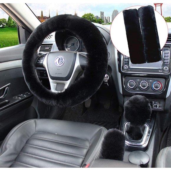 Pinbola 5Pcs In 1 Set Faux Wool Steering Wheel Cover Soft Fluffy Handbrake Cover & Gear Shift Cover & 2Pcs Seat Belt Shoulder Pads Warm Universal Fit For 15 Inch (Black)