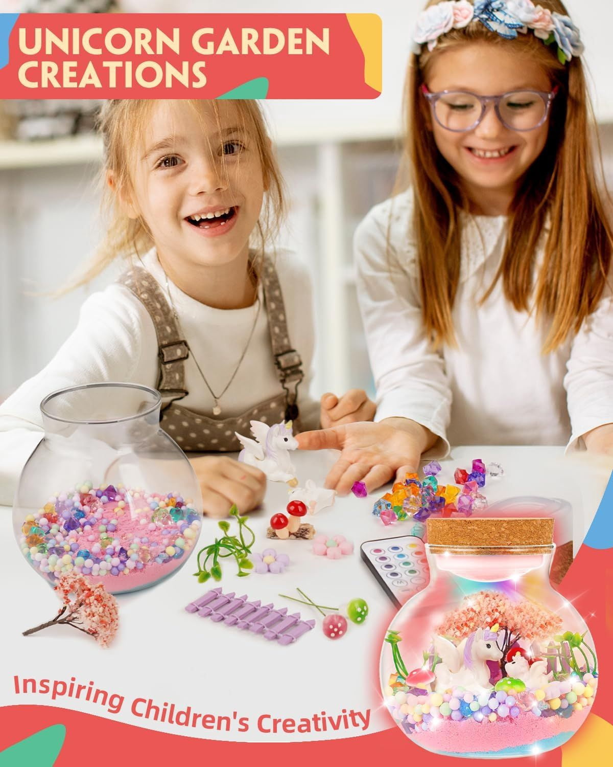 MKAKYES Kit De Terrarium Licorne, Licorne Fille Kit Veilleuse Avec Télécommande Et Lumières Colorées, Bricolage Terrarium Plante Jouet, Kit D' Art Et D'artisanat Pour Enfants 4-12 Ans