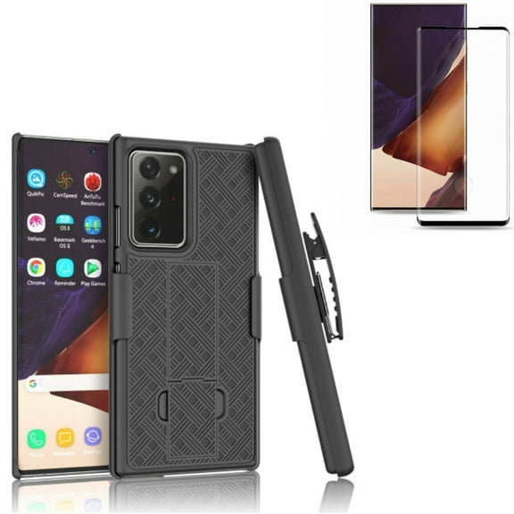 Case Belt Clip & Screen Protector for Samsung Galaxy Note 20 Ultra Phone - Combo with Holster Swivel Cover Kickstand & Tempered Glass (Fingerprint Unlock) 3D Curved Edge Full Cover