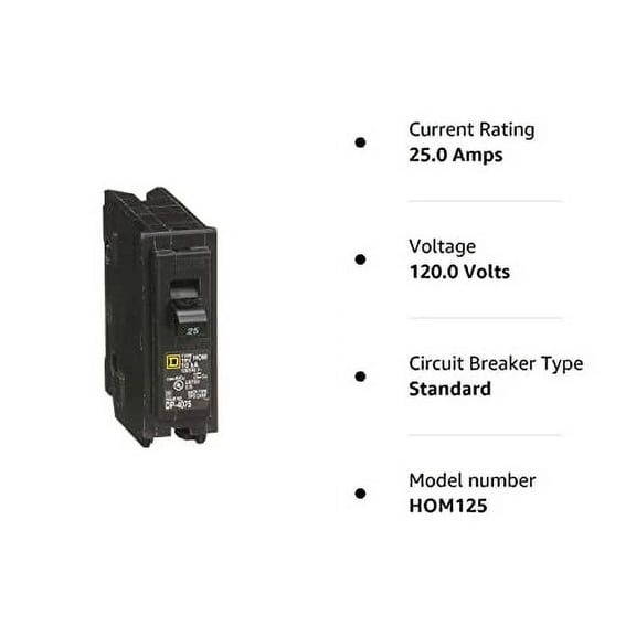 Square D Plug in Circuit Breaker, HOM, Number of Poles 1, 25 Amps, 120VAC, Standard