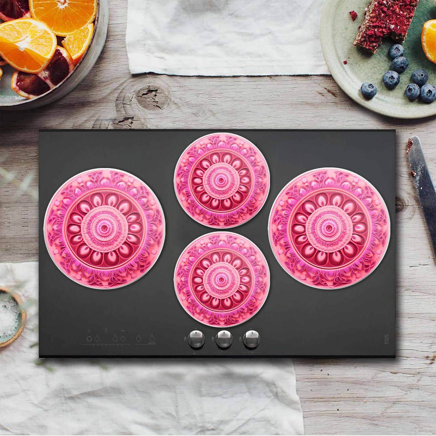 Bahomeck Gas Stove Burner Cover Set Of 4，Indian Mystery Pink Mandala Flower Metal Stove Burner Covers，Electric Stove Burner Covers,Protecting Gas Stoves,Kitchen Decor，8 Inches And 10 Inches