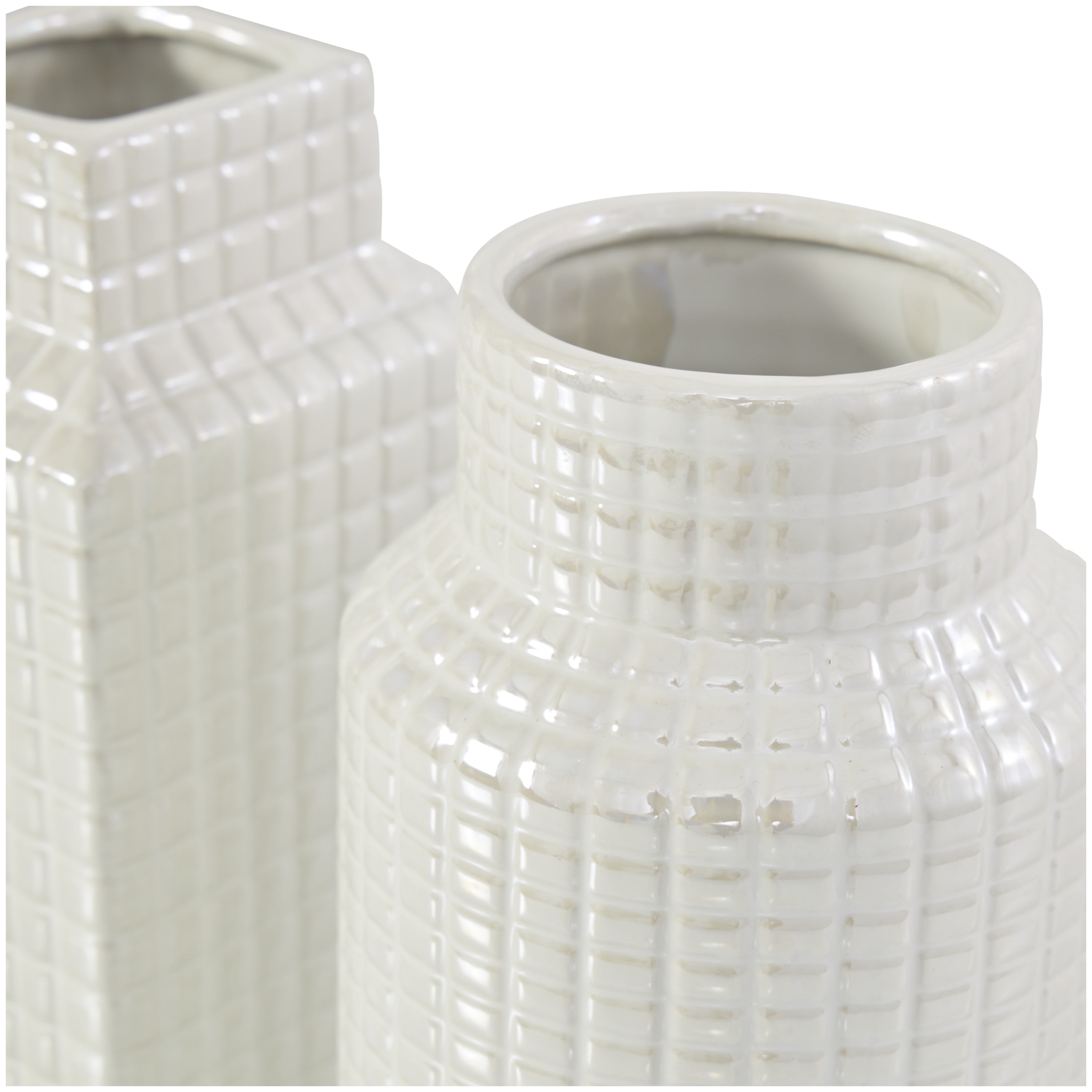 DecMode 3"W, 8"H Geometric Dimensional Textured Cream Ceramic Vase with Varying Shapes and Grid Patterns, Set of 3