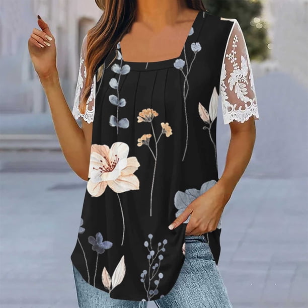 ICHUANYI Clearance Women Summer Sexy Regular Lace Short Sleeve Women Short Sleeves Top(Black, XXL) ICHUANYI WER2023081404437