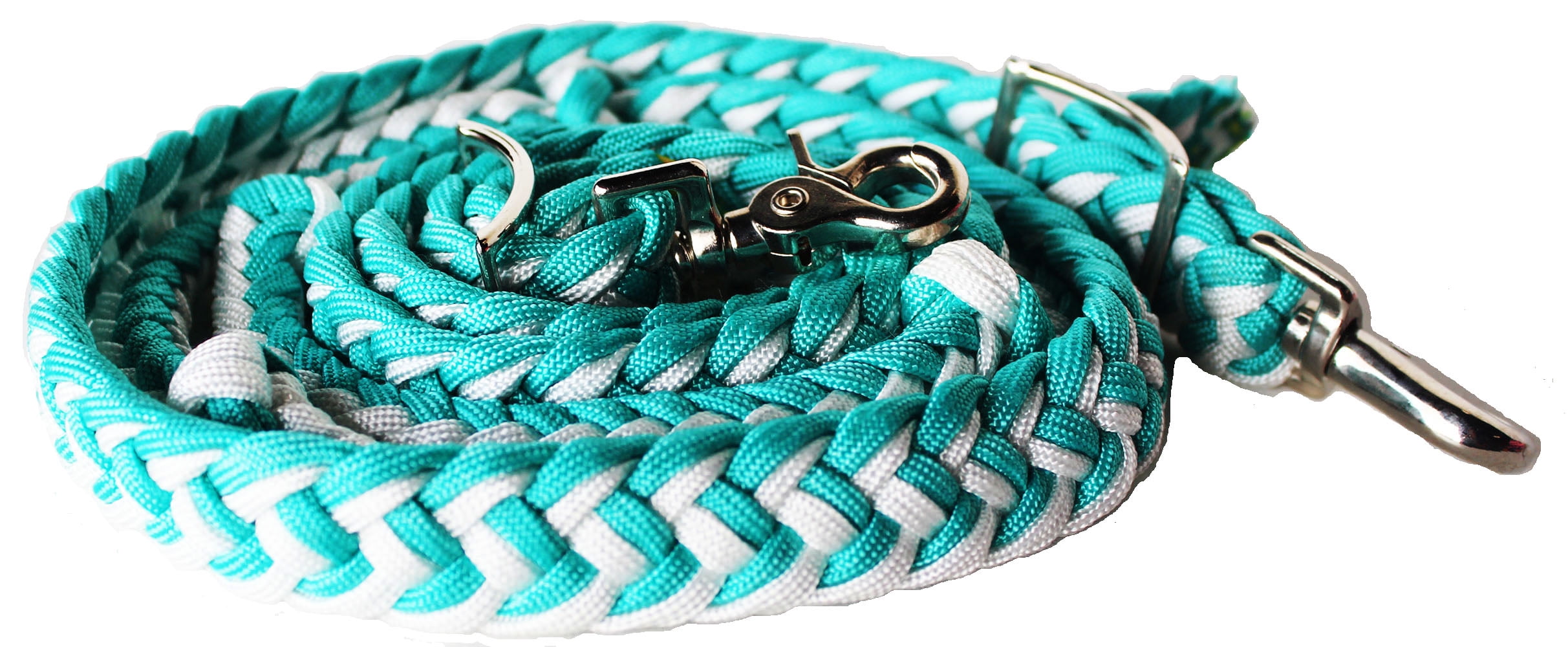 Teal & White Braided Knotted Barrel Racing Reins Roping Contest Trigger Snap 92" 