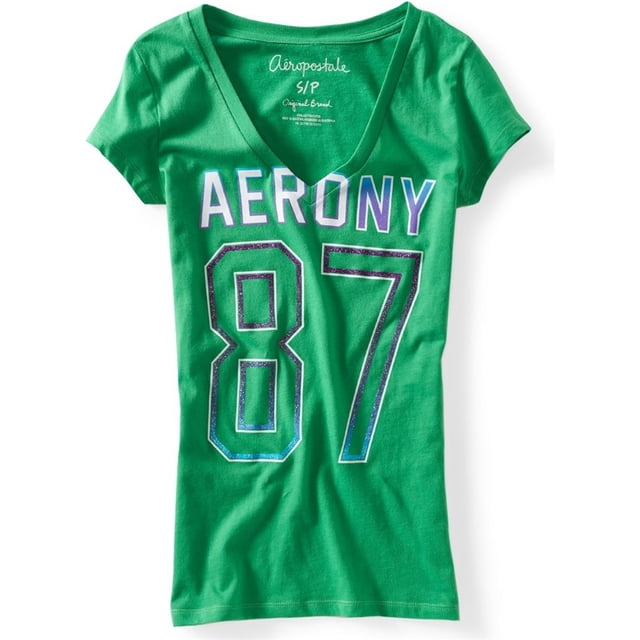 Aeropostale Womens Aero Ny 87 Glittery V-Neck Graphic T-Shirt, Green, Medium