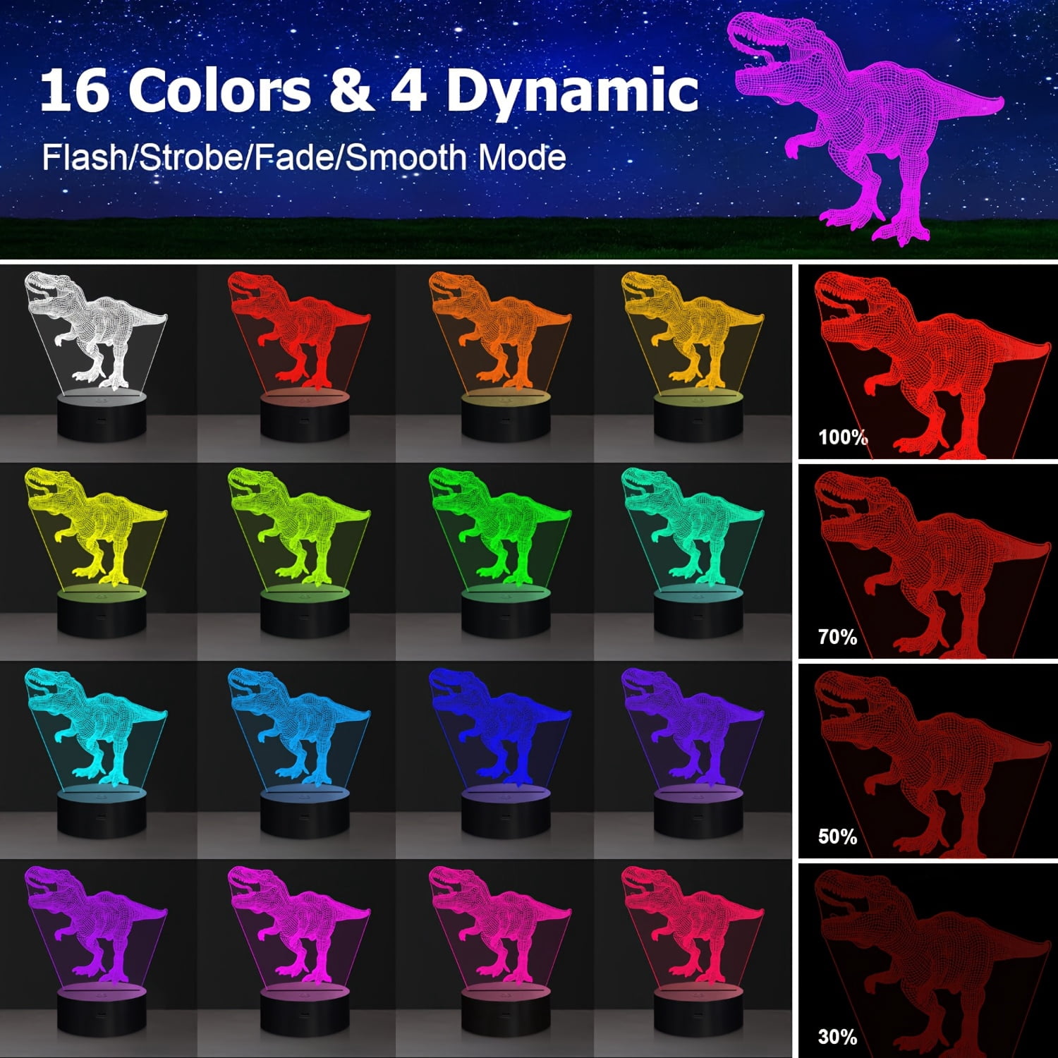 Dinosaur 3D Night Light 16 Colors Changing With Remote Touch Control Dimmable LED Lamp For Boys Kids Bedroom Ambient Mood Light Ideal Birthday Holiday Gift