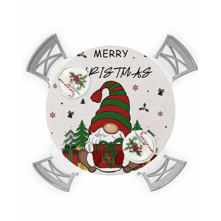 

Round Tablecloth with Elastic Merry Christmas Gnome with Gifts Floral Border Waterproof Stain-proof Table Cover Wipeable Fitted Table Cloths for 36 -44 Round Tables Dining Kitchen Indoor Outdoor Use