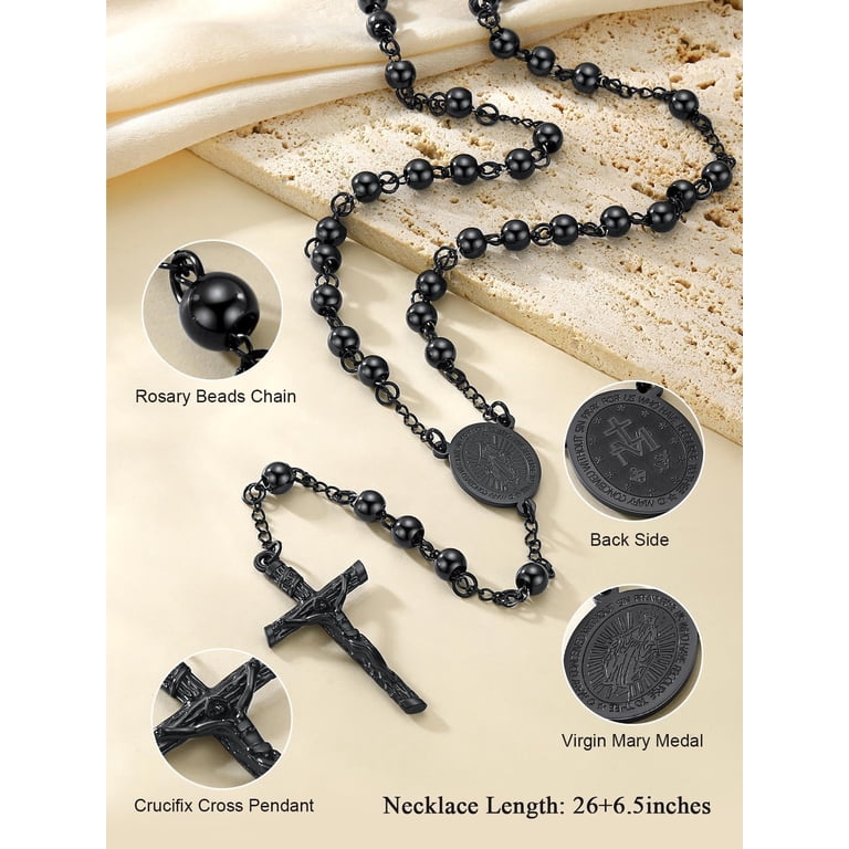 FaithHeart Black Rosary Necklace, Virgin Mary Holy Bead, Christian