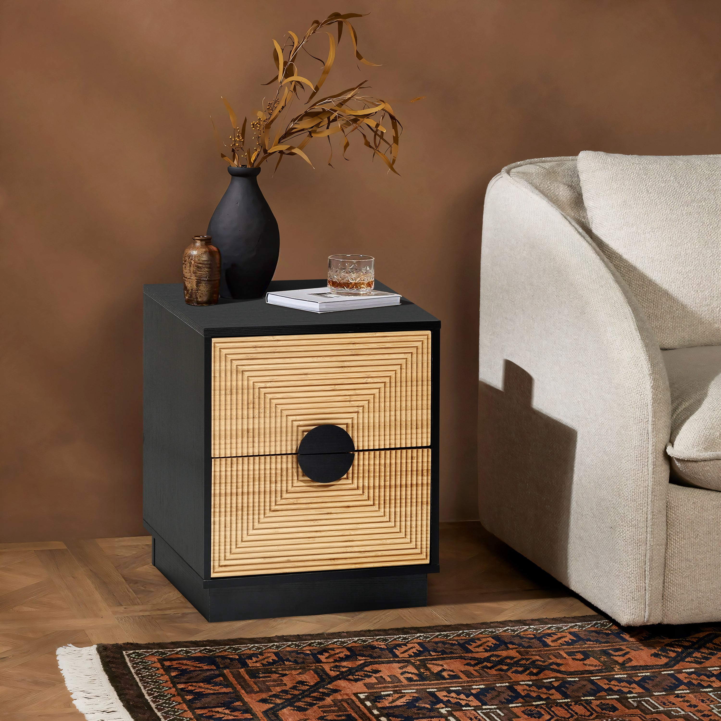LuxenHome 20.5"H Night Stand, Mid Century Modern Nightstand with 2 Drawers, Boho Bedside Table with Bamboo Strips Pattern, Black