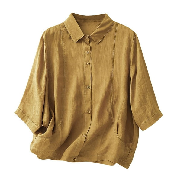 POIUYTR Shirts for Women Cotton Linen Trendy Summer 3/4 Sleeve Button Down Solid Color Blouse Lightweight Dressy Casual Work Shirts Tops