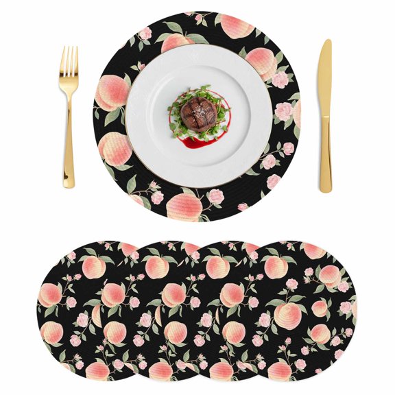 Peach Round 15 Inch Placemats Set of 4, Spring Floral Green Leaf Botanical Pink Fruit Black HeatResistant Non Slip Place Mats for Dining Table, Wipeable Braided Kitchen Table Mats for Housewarming