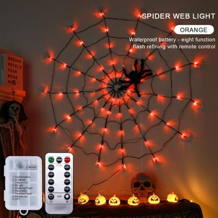 

Baywell 3.25ft 8 Modes Halloween Spider Web Lights Decorations 70 LEDs Orange Waterproof Lights with Black Spider Haunted House Halloween Decor