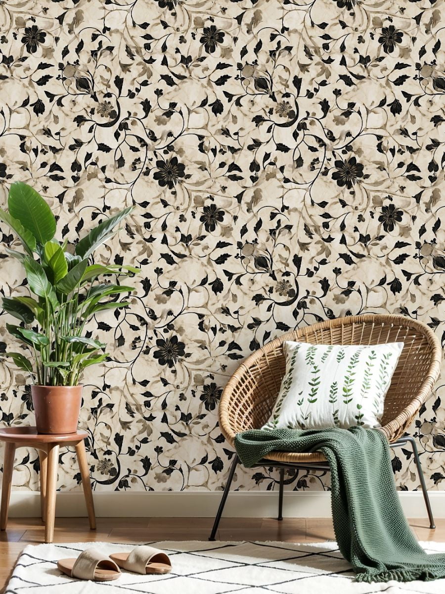 Peel and Stick Wallpaper Elegant Black White Floral Beige Wall Mural 17.7in x 9.8ft Self Adhesive Removable Wall Paper Renter Friendly Wallpaper for Nursery Bedroom Cabinets