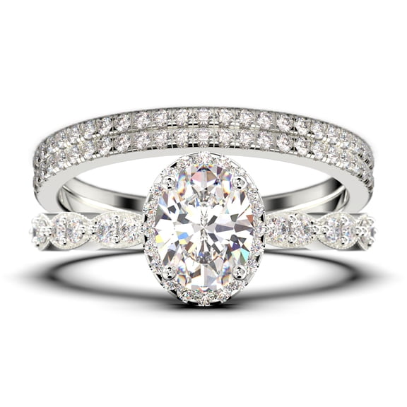 Art Deco 2.75 Carat Oval Cut Diamond Moissanite Classic Engagement Ring, Halo Wedding Ring in 925 Sterling Silver With 18k White Gold Plating Gift For Her, Trio Set, Matching Band