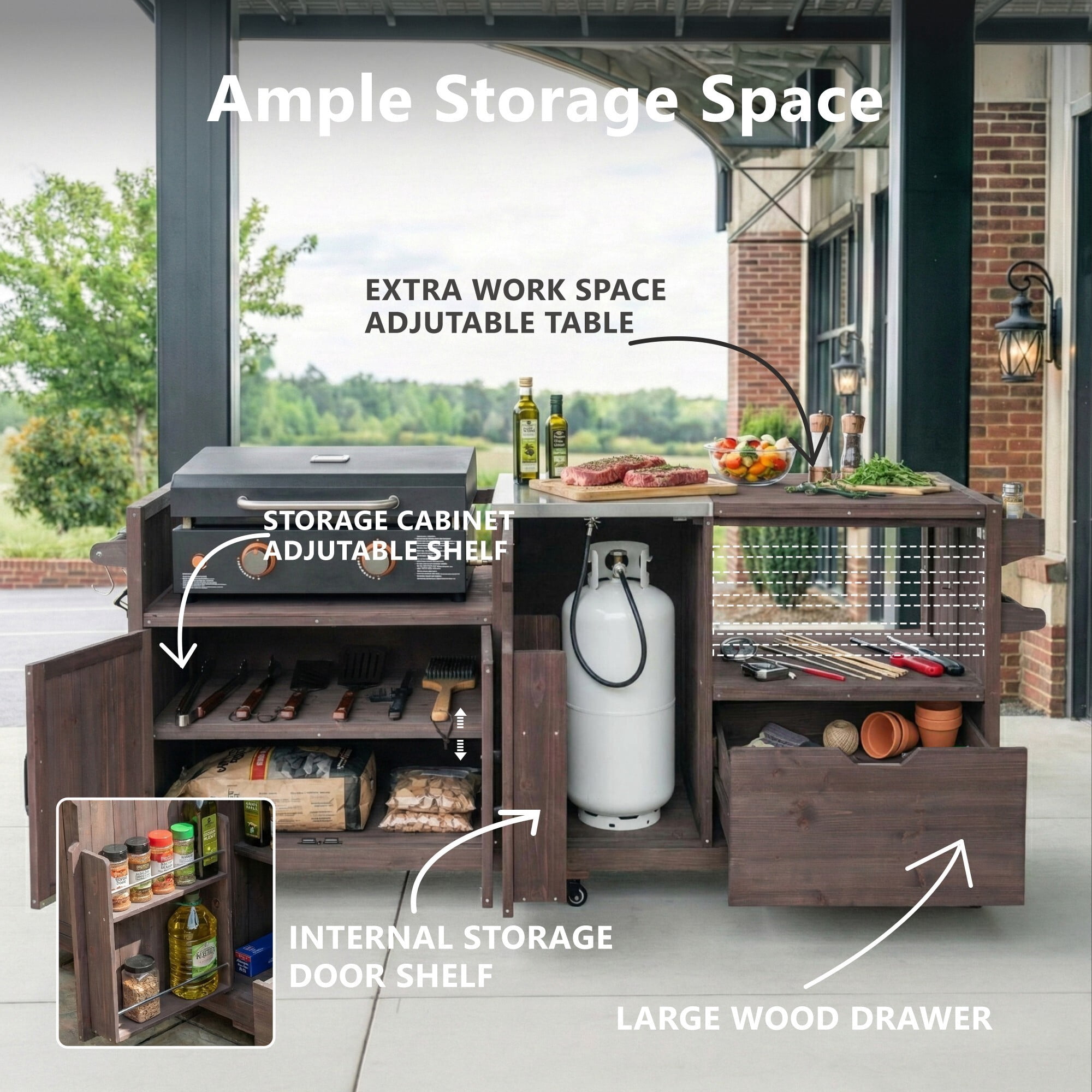 AENKYO 80.5" Outdoor Kitchen Island for Big Green Egg & Blackstone, Wood Grill Cart with Stainless Steel Top, Dark Brown