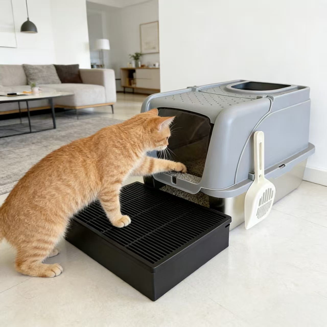 Large Enclosed Cat Litter Box with Integrated Tracking Mat, Dual Entry Hooded Cat Potty with Scoop, High Side Anti-Splashing Litter House for Odor Control, Gray