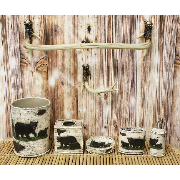 Ebros Wildlife Rustic Black Bear In Pine Trees Forest Bathroom Accent Resin Figurine Accessories With Birch Wood Finish Western Country Cabin Lodge Decorative 5 Piece Bath Set And 2 Towel Racks