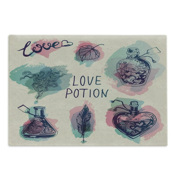 Love Cutting Board, Pattern of Love Potion Little Hearts in Old Magic Bottles Feather and Leaf, Decorative Tempered Glass Cutting and Serving Board, in 3 Sizes, by Ambesonne
