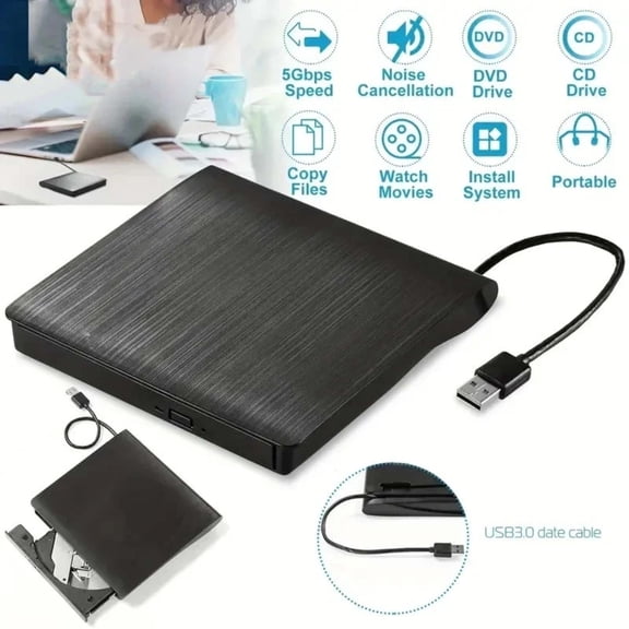 FFORCE External DVD Drive USB 3.0 Type-C CD/DVD Disc Player Writer Slim Portable Burner for Laptop Desktop Mac Notebook, Black