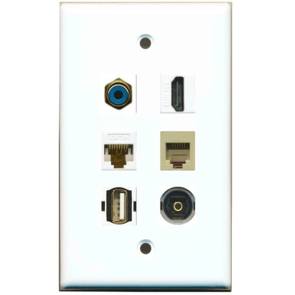 Ultra Spec Cables 1 Gang Flat HDMI Cat6 Ethernet RCA Blue Rj11-12 Phone Toslink USB Wall Plate