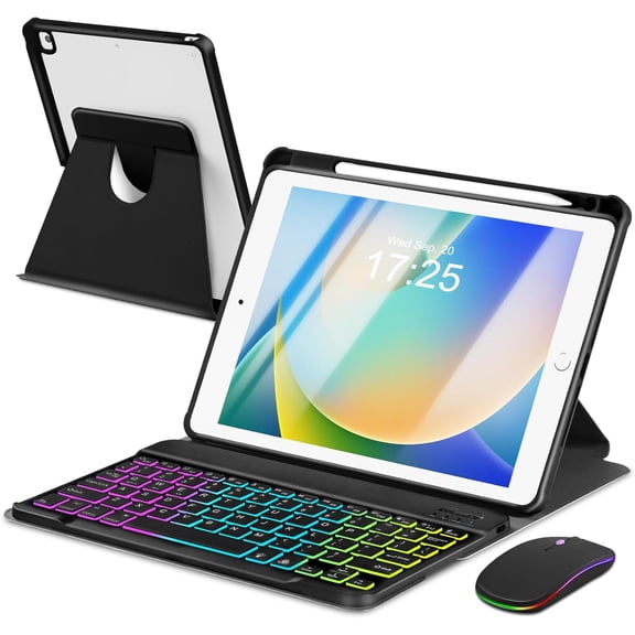 Case with Keyboard Mouse for iPad 9th 8th 7th Generation 10.2 inch,7 Rainbow Backlit Detachable Keypad Rotatable Magnetic Cover