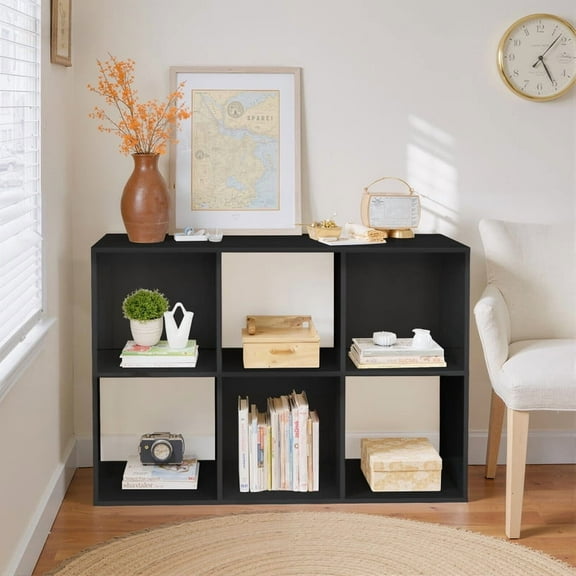 TINKLE WELL 6-Cube Storage Shelf Organizer, Bookcase with Removable Back Panels, Adjustable White Wood Bookcase for Living Room, Home Office, Black