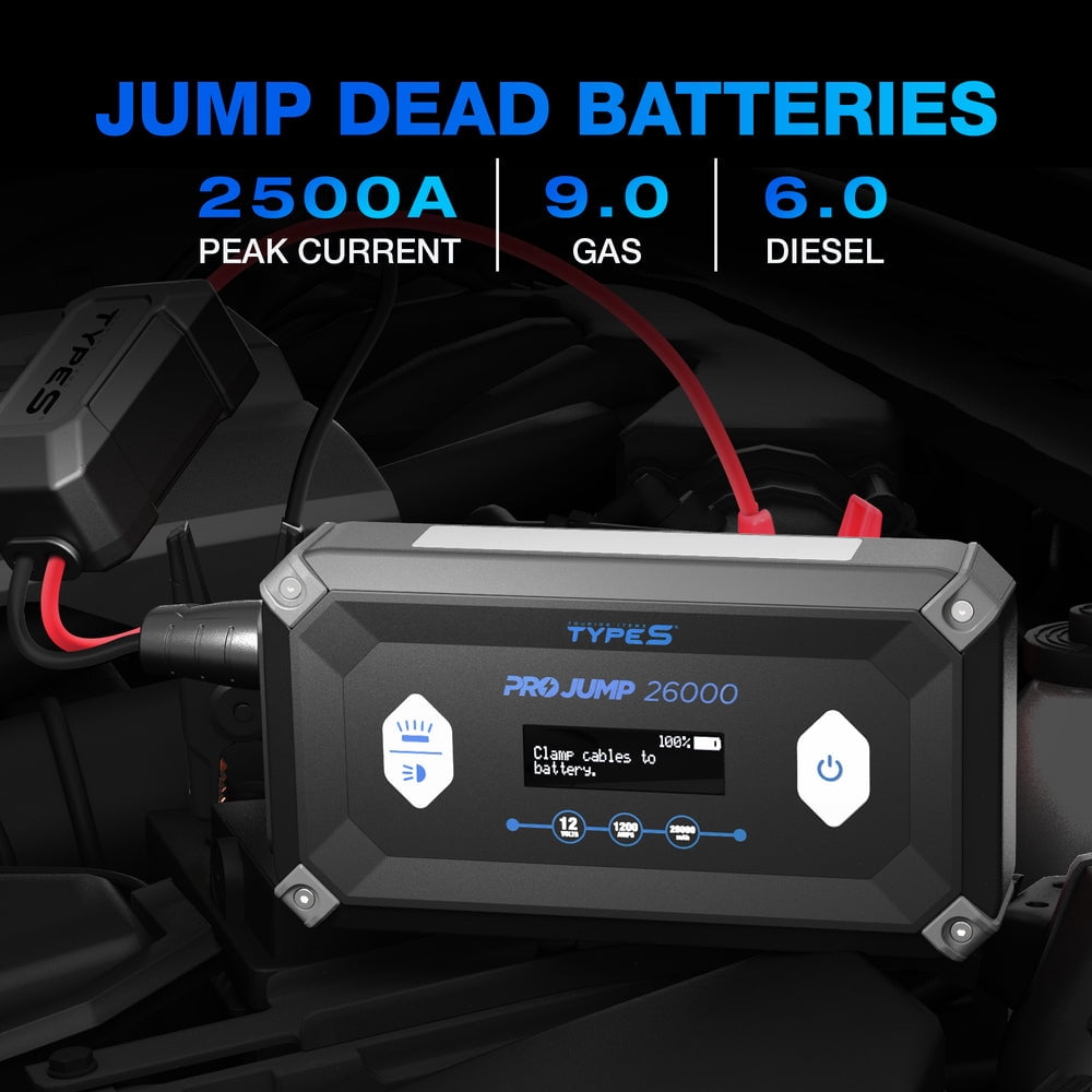 Type S Dynamic Pro 2500A Car Battery Jump Starter Portable Charger Power Bank, Laptop Power Bank 26000 mAh, 12V 9L Gas 6L Diesel, LCD Display Guide, USB-C & USB-A, LED Flashlight, UL Listed