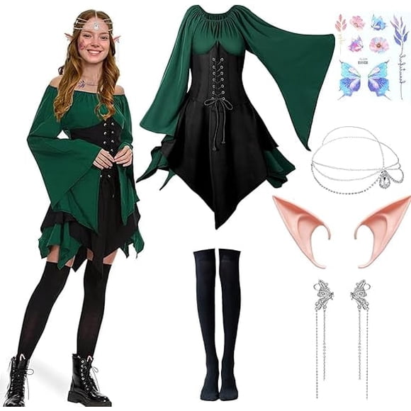 YANSION 6 Pzas Disfraz de Mujer Elf Vestido Medieval Renacentista Tradicional Disfraz de Hada Irlandesa Oreja de Elf para Halloween Cosplay