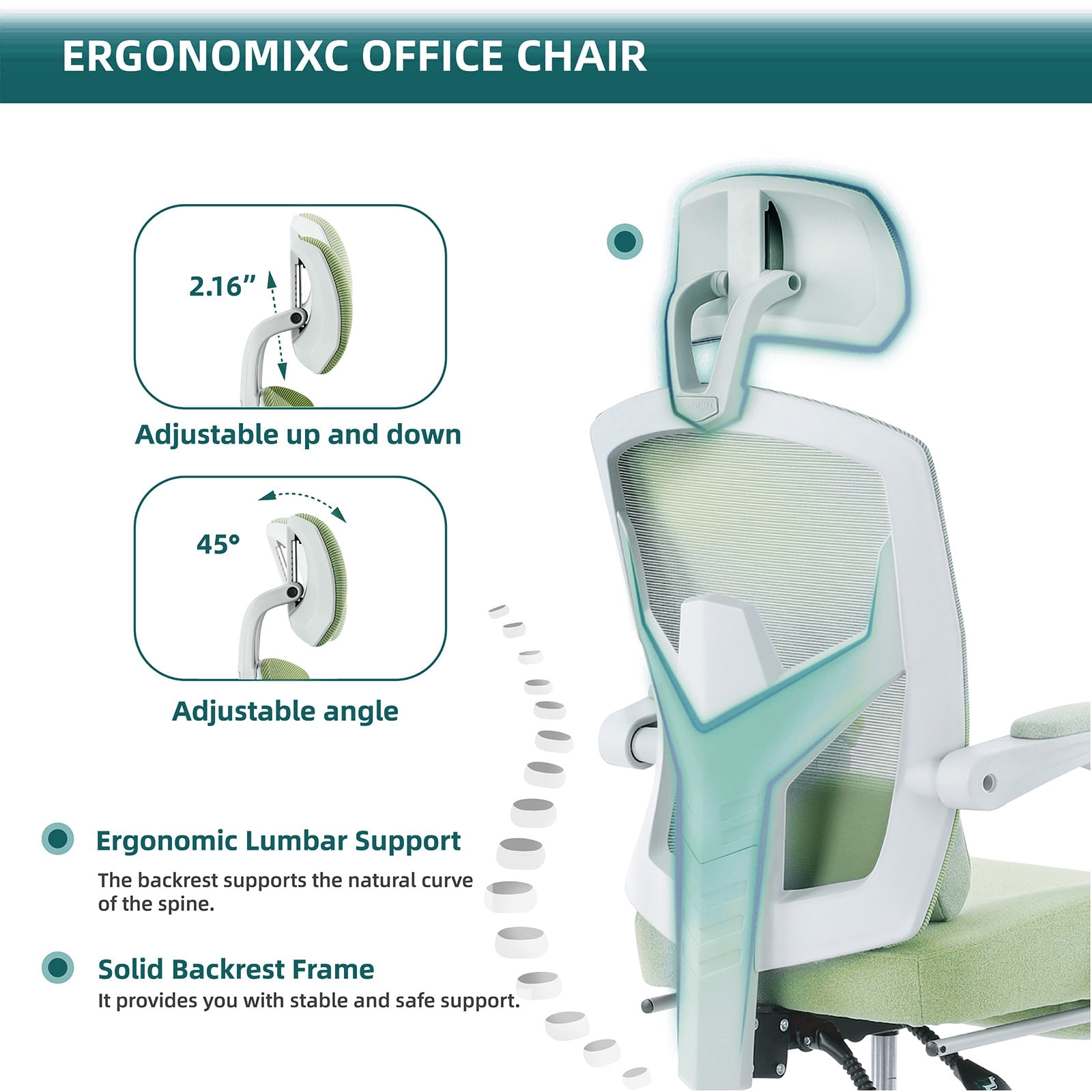 GIANNA Ergonomic Office Chair - High Back Mesh, Reclining with Lumbar Support, Adjustable Headrest, Footrest & Padded Arms, Green