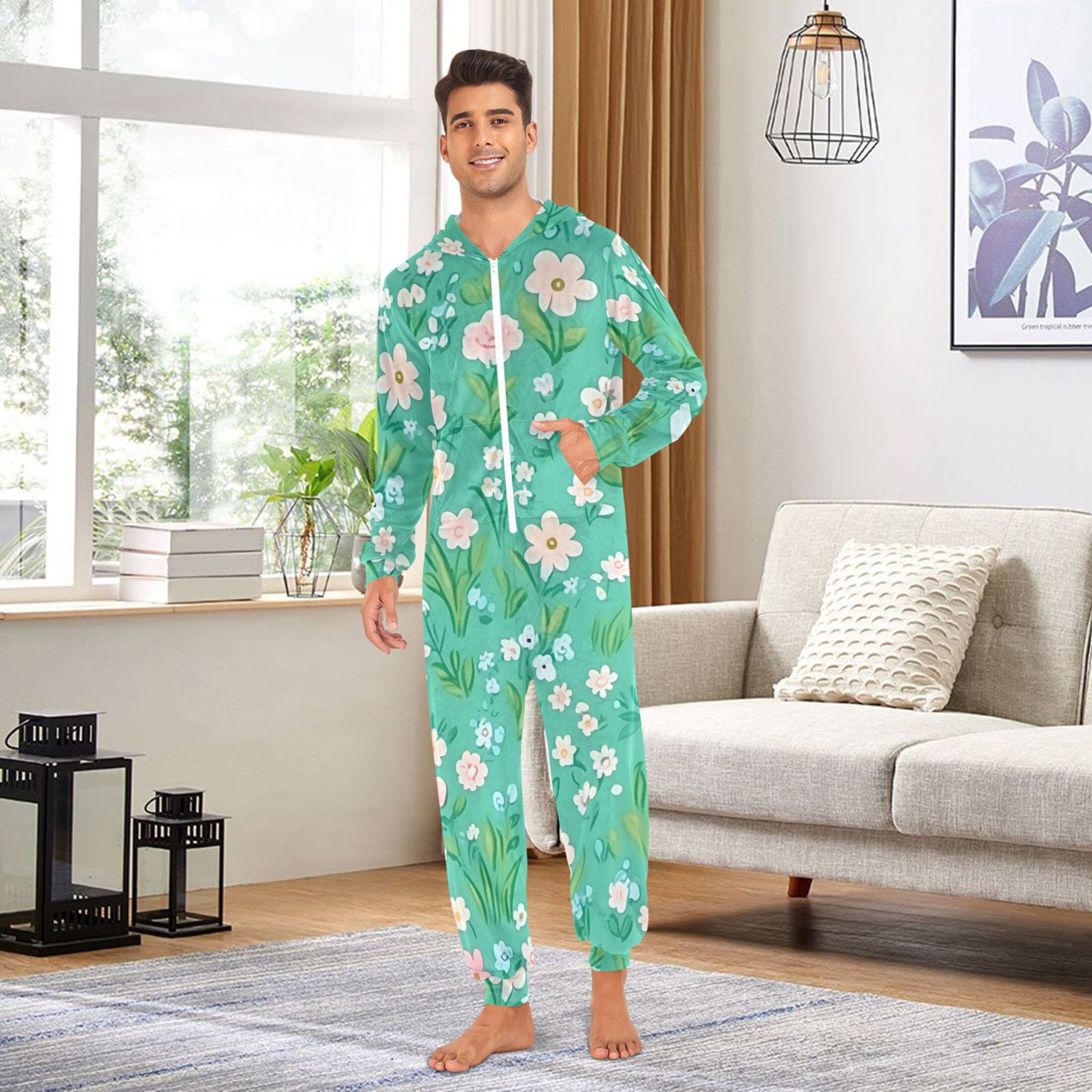 Mint Green Floral Pattern Adult onesie Pajamas, Crystal Velvet