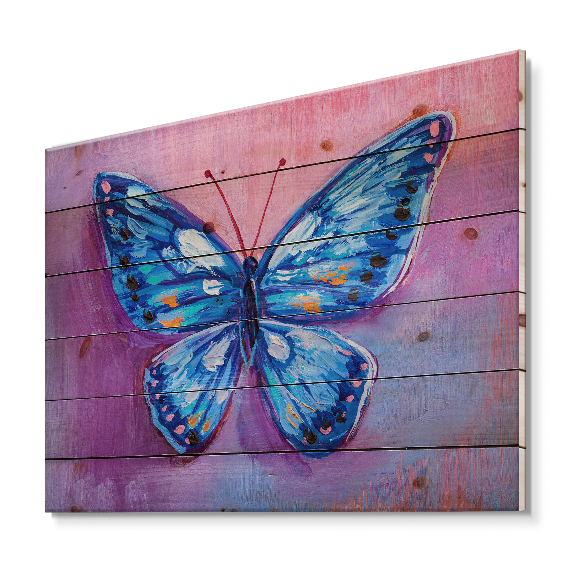 Designart 'Ancient Blue Butterfly I' Modern Print on Natural Pine Wood