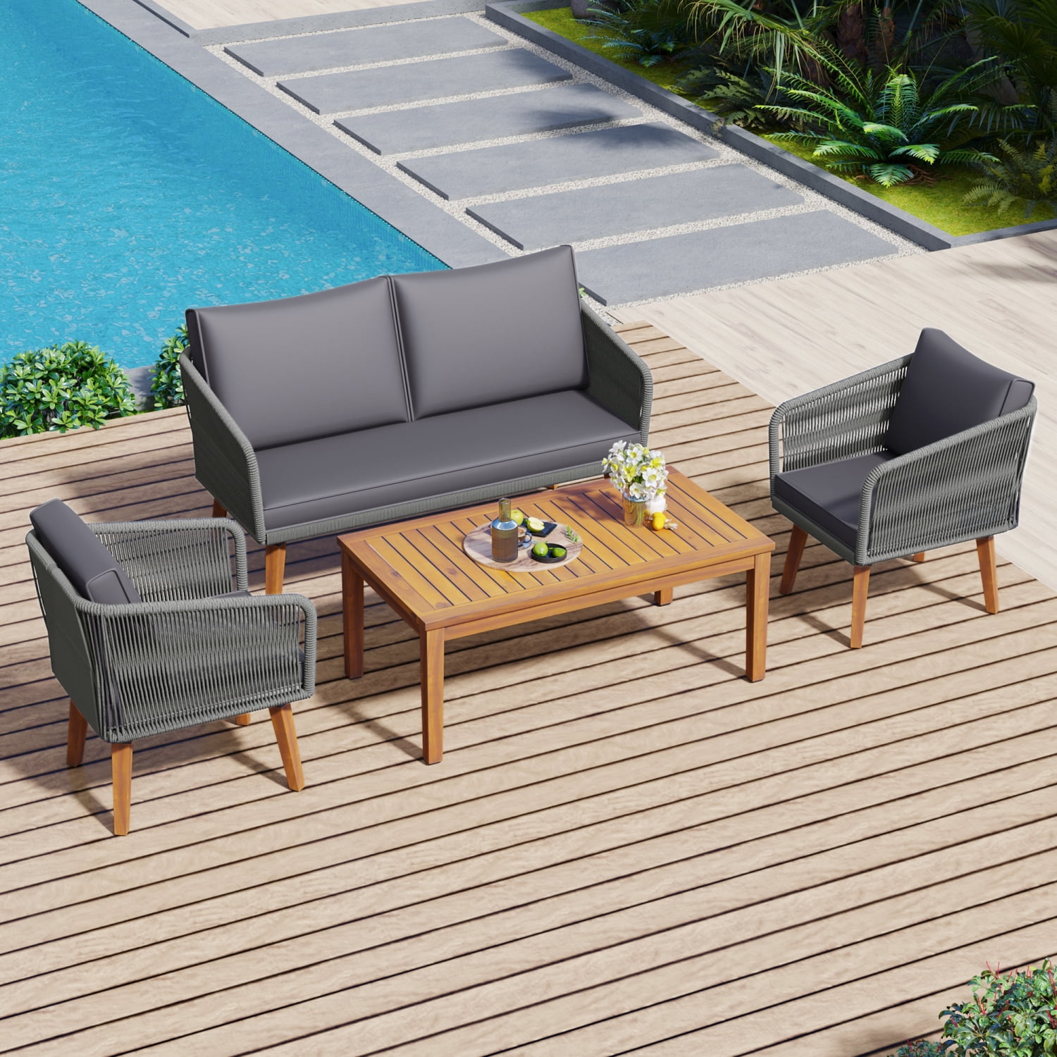Harper & Bright Designs Outdoor Patio Conversation Set Wicker 4 Pieces Patio Furniture Set with Rattan Chair Loveseats Coffee Table for Garden Backyard Porch Poolside Balcony, Grey
