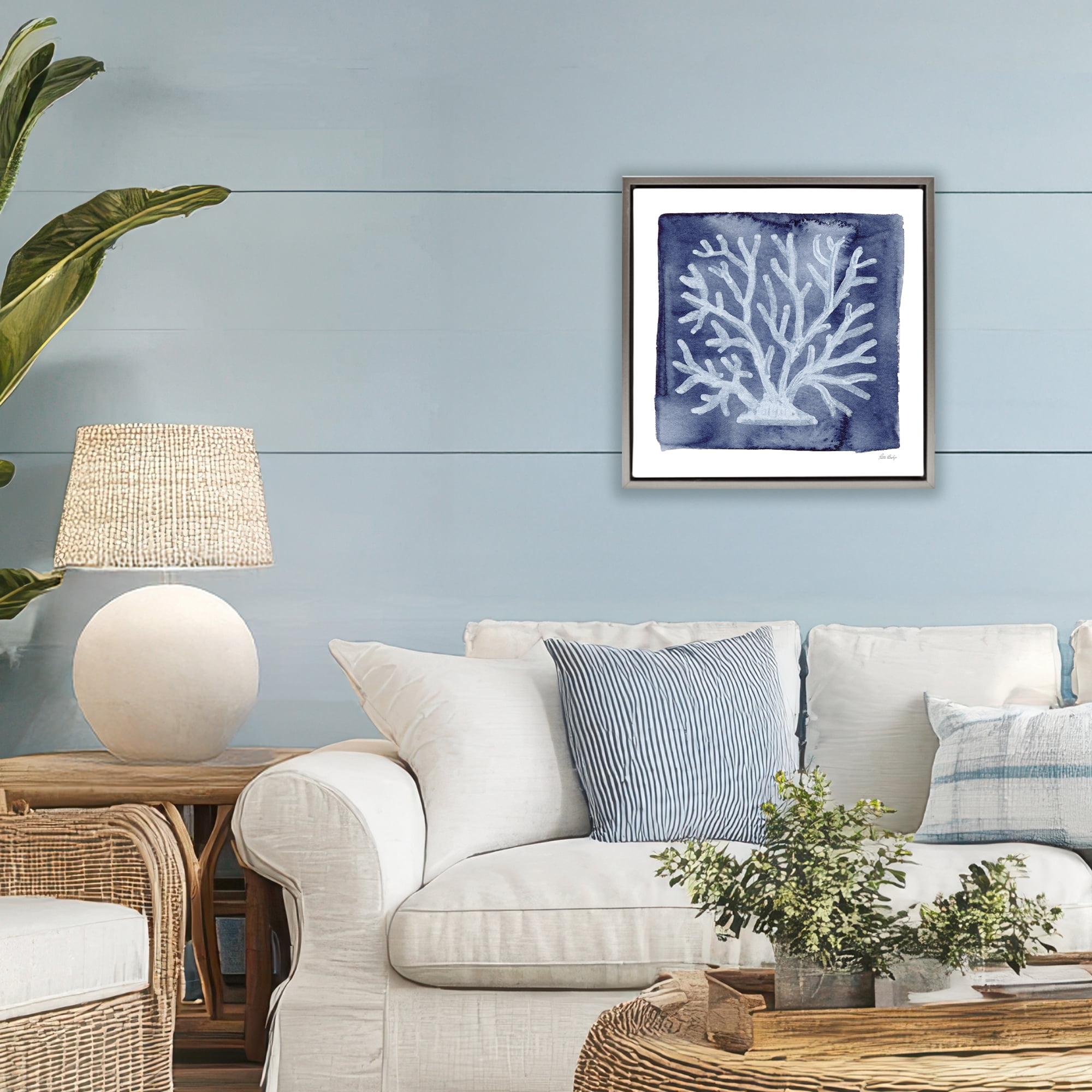 Stupell Industries White Coral on Indigo Gray Framed Floater Canvas Wall Art, design by Patti Bishop