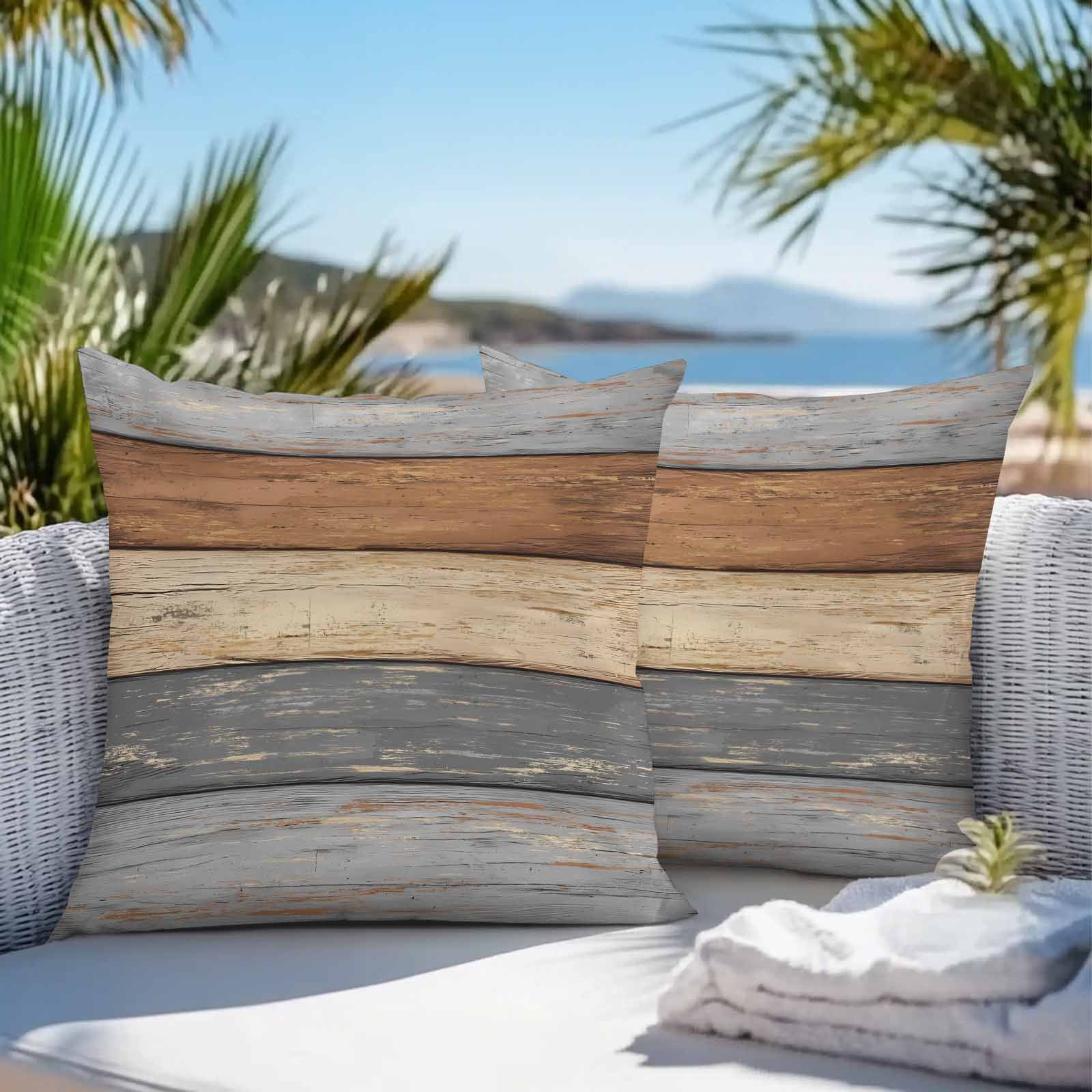 Outdoor Waterproof Throw Pillow Covers Set of 2 Gray Wood Grain Decorative Pillowcases Square Outdoor Pillows Cushion Case 18x18 Inch Rustic Retro Brown Wooden Patio Pillows for Couch Sofa Bed