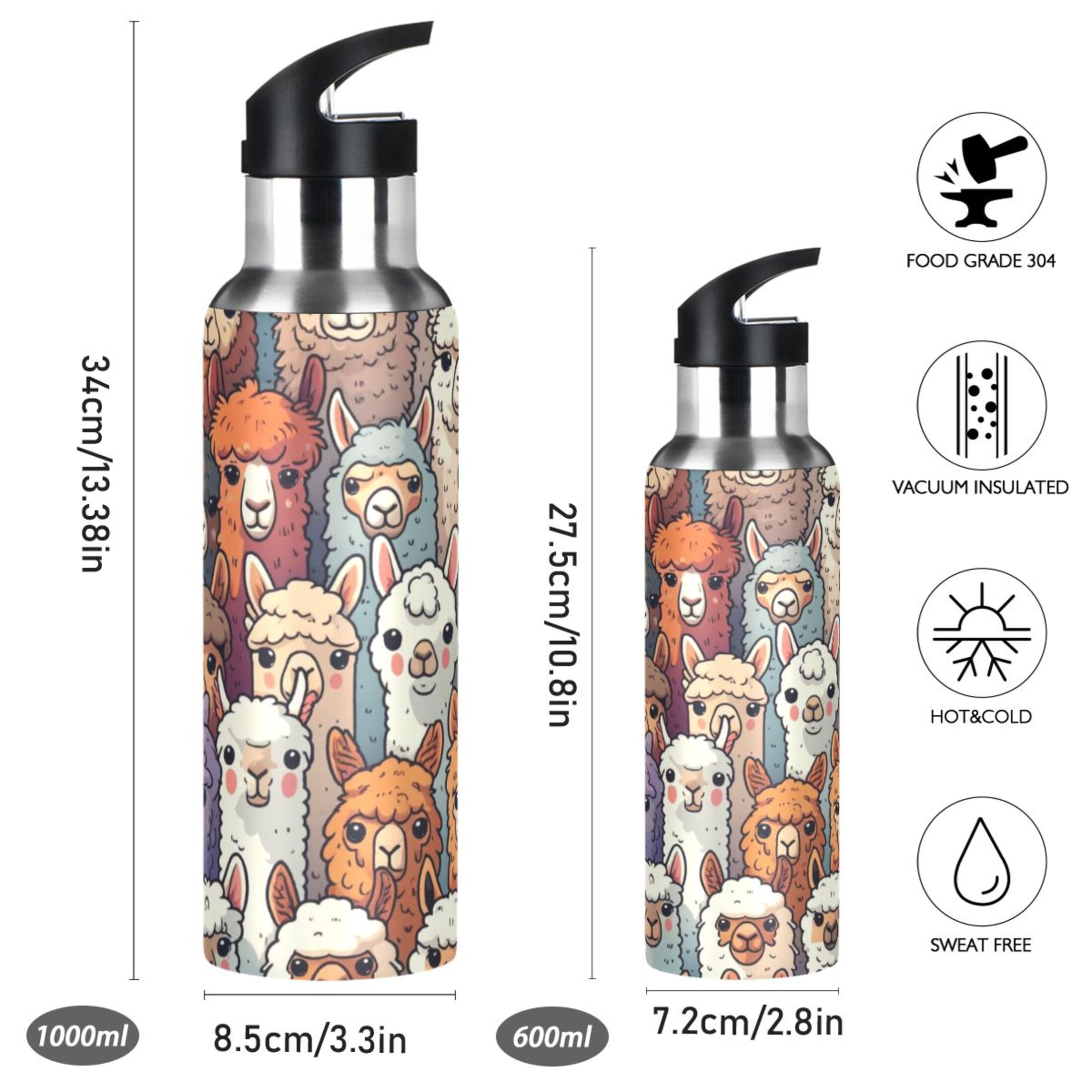 Water Bottles 20oz Straw Lid Wide Mouth Stainless Steel for School Sport Travel Alpaca Llama Animal Faces