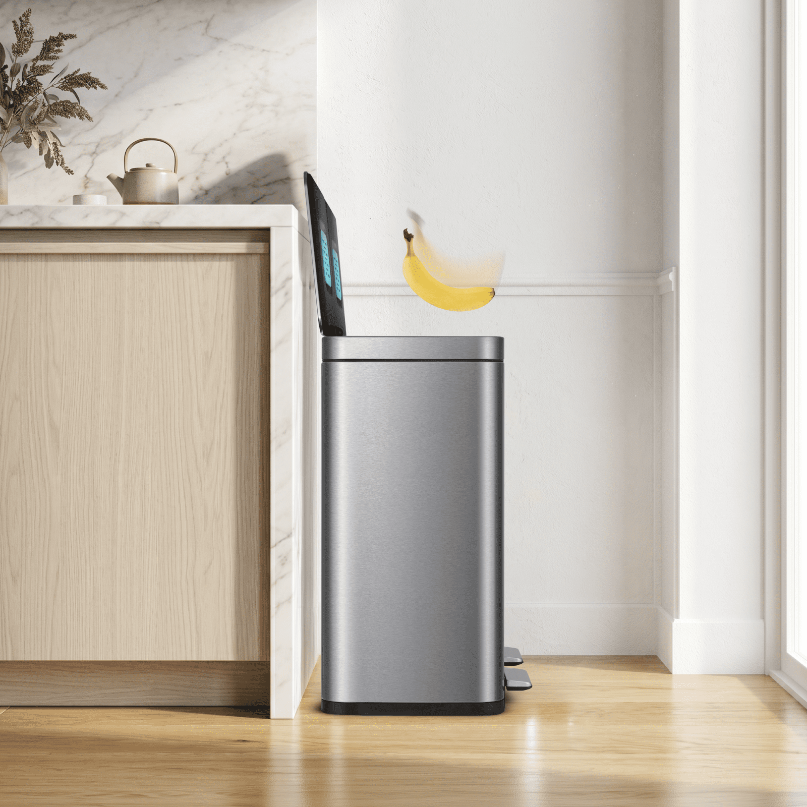 Home Zone Living 16 Gallon Kitchen Trash Can with CleanAura and Dual Compartments, Stainless Steel, Silver