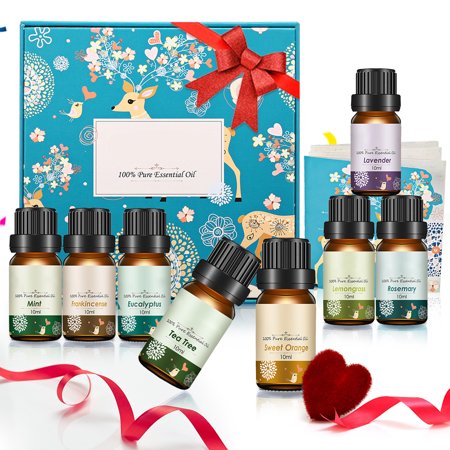 Skymore Essential Set Therapeutic Grade，8 x 10 ml ,for Aroma Diffuser, Lemongrass, Lavender, Tea Tree, Eucalyptus, Orange, Mint, Frankincense and Rosemary